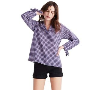 Madewell Tie-Sleeve Popover Top In Whitby Plaid SZ M
